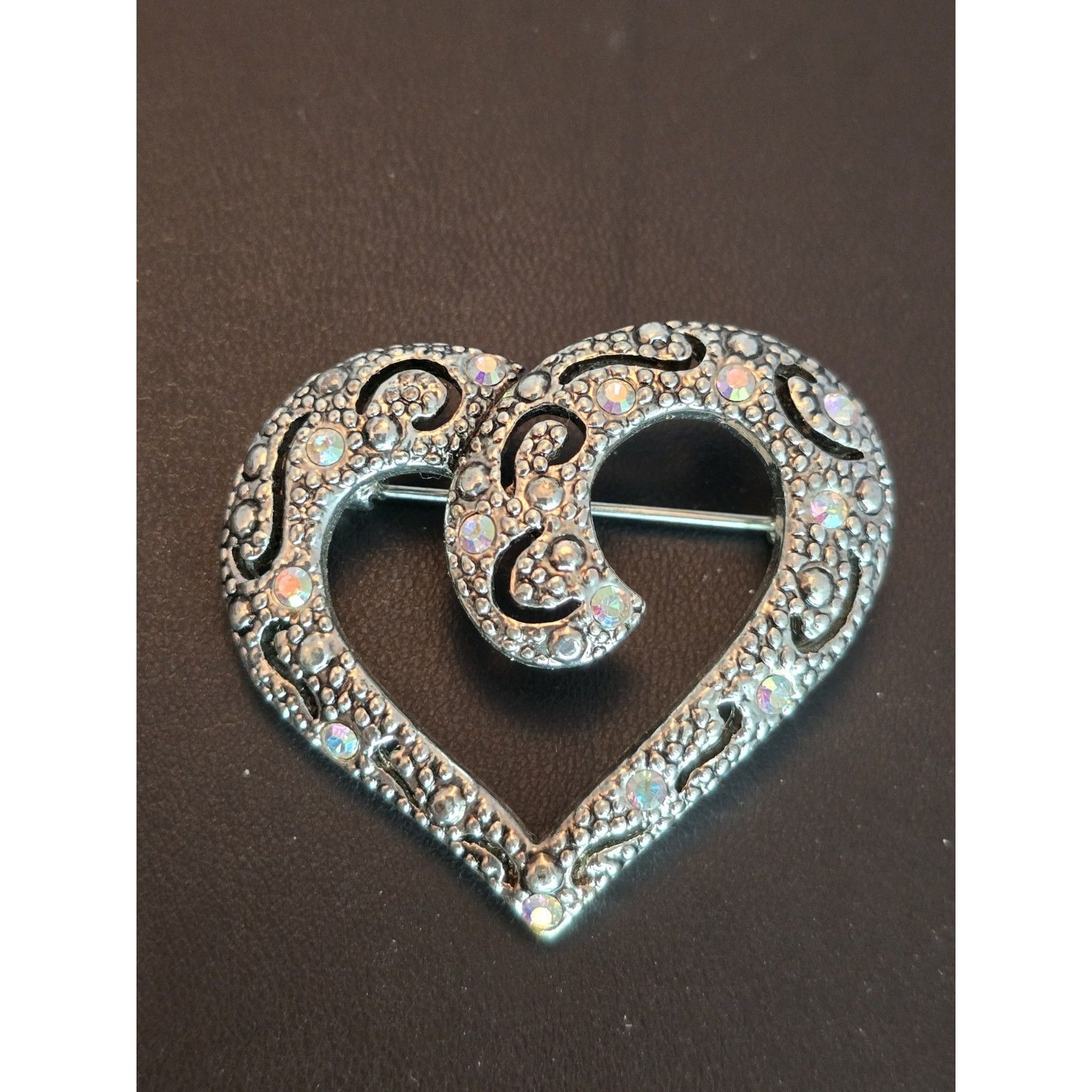 Vintage Silver Tone Heart Brooch Aurora Borealis Rhinestones Textured Open Heart